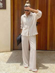 DAZY Cute Striped Ruffle Trim Women Pajama Set Fall Winter Clothes - Camel - View 1