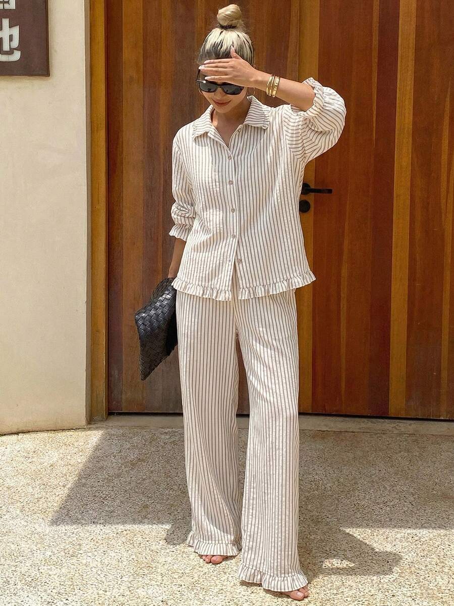 DAZY Cute Striped Ruffle Trim Women Pajama Set Fall Winter Clothes - Camel - View 1