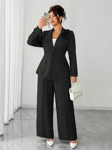 Elenzga Women Plus Size Elegant Floral Decor Blazer Jacket And Wide Leg Pants Suit Set - Black - View 3