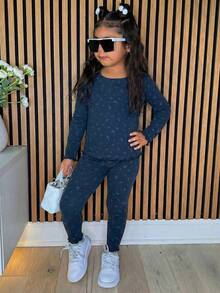 DAZY 2pcs Young Girl Girls Ditsy Floral Long Sleeve Knit Top And Pants Homewear Set, Fall - Navy Blue - View 3