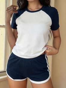 DAZY Slim-Fit Short Color Block Casual Home Wear Set With Raglan Sleeve Sleeves Pajama - Navy Blue - View 1