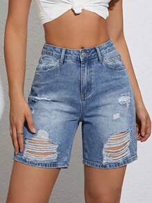 Rivivi Fashionable Casual Distressed Washed Denim Shorts - Medium Wash - View 5