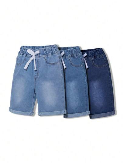 SHEIN 3pcs Young Boys' All-Match Casual Elastic Waist Faux Drawstring Decor Roll Up Hem Denim Shorts, Slim Fit Stretchy Comfortable Cotton Casual Shorts, Suitable For Daily Wear, School, Commute, Party, Home, Festivals