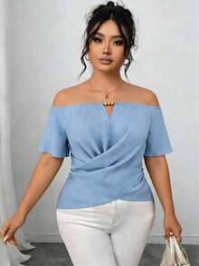 INAWLY Plus Size Women's Off-Shoulder Ruffle Trim Fitted Blouse - Blue - View 5