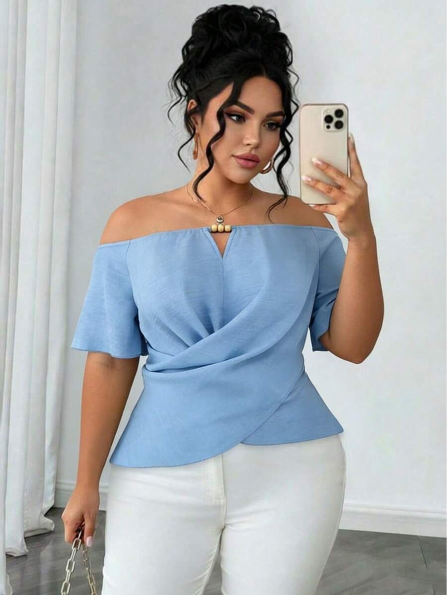 INAWLY Plus Size Women's Off-Shoulder Ruffle Trim Fitted Blouse - Blue - View 1