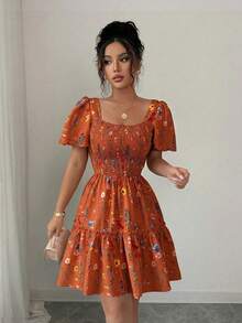 Rafferiza Đầm ngắn nữ thanh lịch cổ vuông tay loe viền bèo, thích hợp cho mùa hè. - Gỗ đỏ - Xem 4