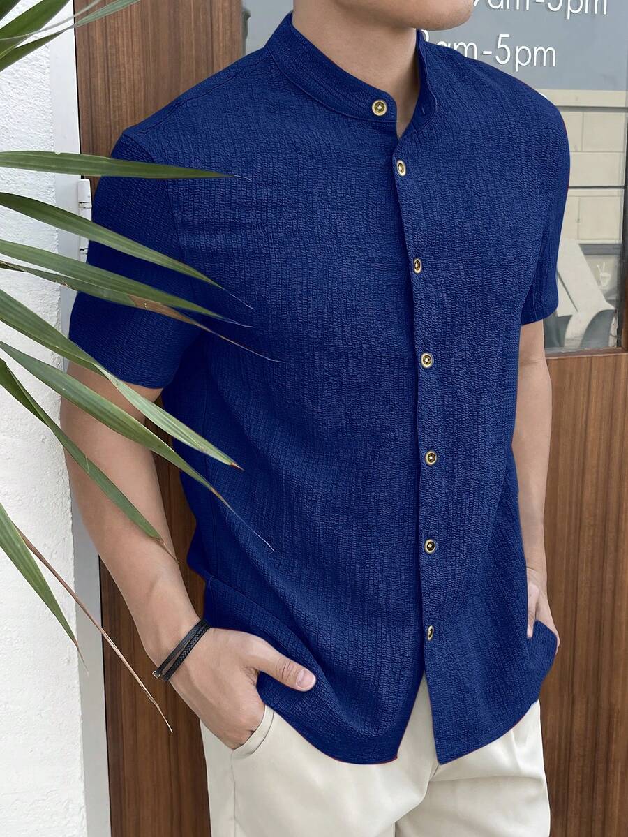 Mainfolk Men's Woven Casual Solid Color Short Sleeve Shirt Vacation Navy Blue Summer