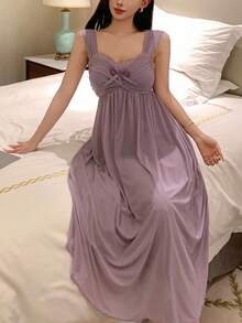 Women's Romantic Mesh Lace Splicing Ruched Design Slip Nightgown Pajama - Purple - View 4
