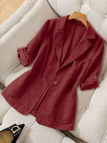 SHEIN LUNE 女士休闲时尚翻领口袋袖口下摆薄款西装外套 - 紅色 - 查看 1