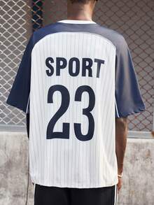 Camiseta de Manga Curta Masculina, Estilo Americano Retrô, Moda de Rua, Blocos de Cores, Vibe Esportiva Universitária, Ajuste Solto de Futebol 2026, Roupa Combinando para Casais em Férias. - Multicolorido - Visão 5