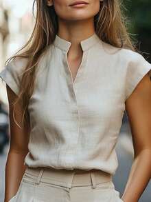 EMERY ROSE Camisa de mujer de unicolor con cuello en V y mangas cortas para uso diario - Caqui - Ver 1