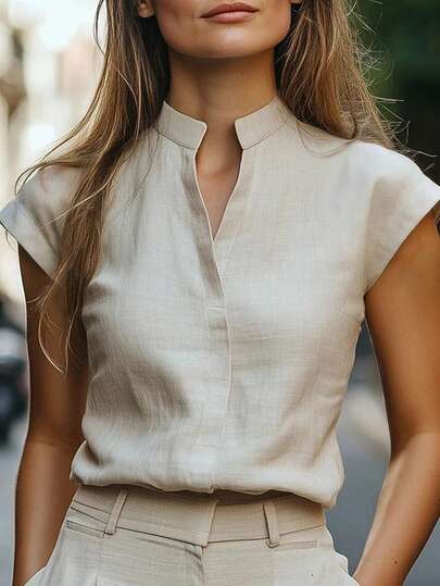 EMERY ROSE Camisa de mujer de unicolor con cuello en V y mangas cortas para uso diario