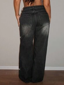 SHEIN Tall Pantalones vaqueros de pierna ancha con cintura alta, lavados y con rhinestones de moda para personas altas - Negro - Ver 2