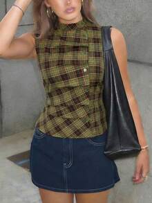 Poéselle 格子印花褶皱领无袖休闲上衣，夏季 - 咖啡棕 - 查看 6