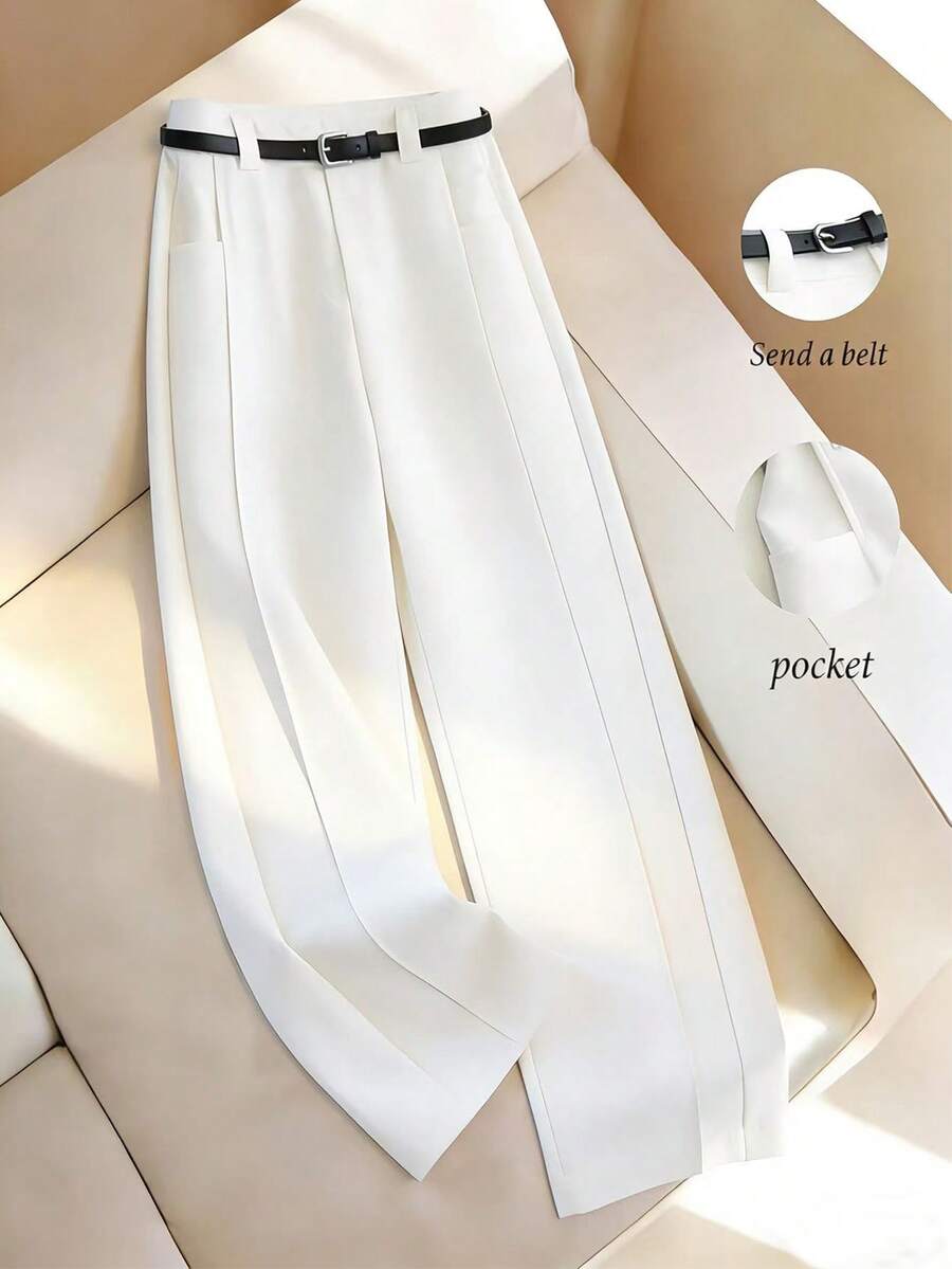 Franclia Pantalones rectos de cintura alta con ajuste holgado y cinturón, color caqui, versátiles para uso casual y de negocios, pantalones de trabajo para primavera/otoño para mujeres, pantalones envolventes, jeans blancos para mujer, pantalones largos para mujer - Blanco - Ver 1