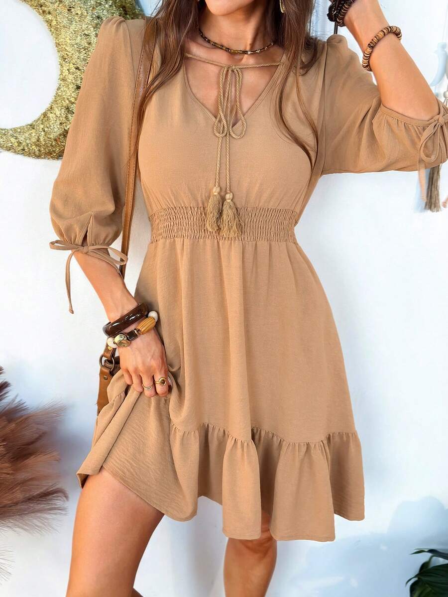 Hansera Women's Mid-Length Shirred Waist Cinching Elegant Ruffled Hem Dress - Brown - View 1