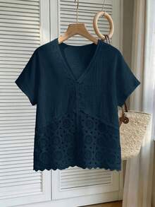 SHEIN Frenchy Plus Size Women V-Neck Casual Solid Color Versatile Daily Wear Shirt - Navy Blue - View 7