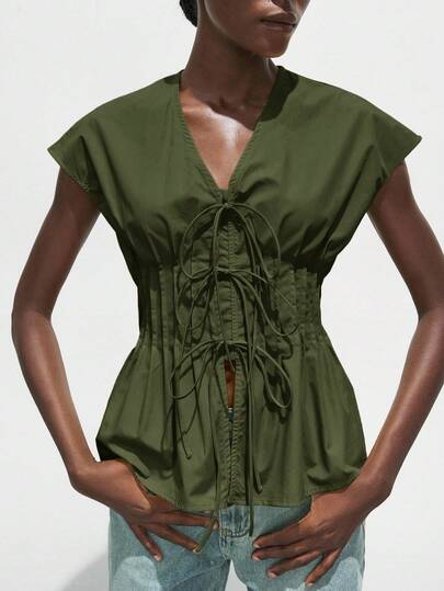 Maija Spring/Summer New V-Neck Front Tie Bow Waist Pleated Shoulder Puff Sleeve Women Shirt, Elegant For Carnival Party, Valentine's Day