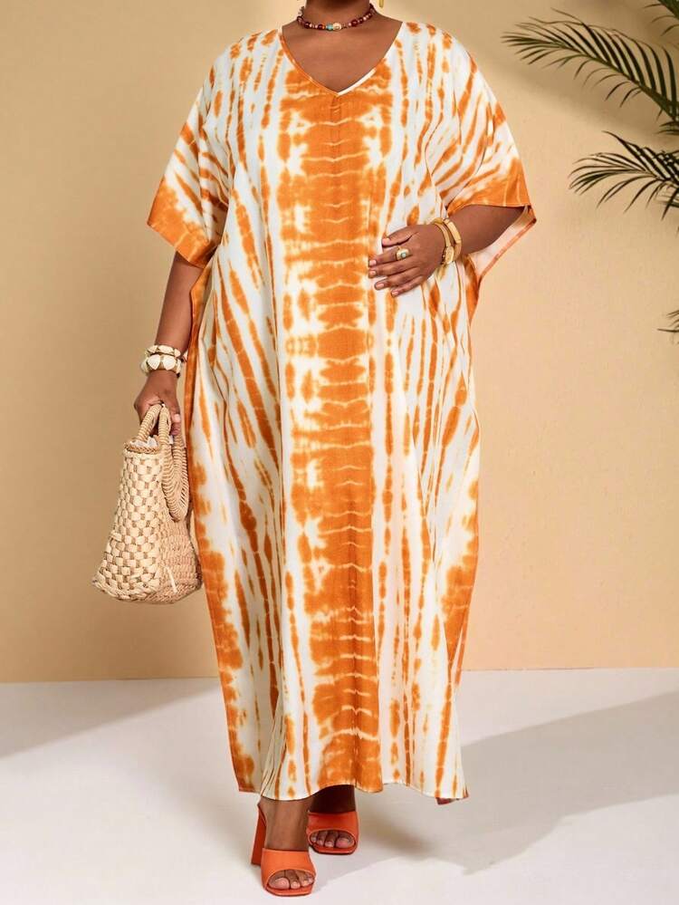 Plus Size Tie-Dye Print Batwing Sleeve Casual Dress\Summer\Vacation Summer Dress  Summer Outfits Summer Clothes Spring Dress Spring Outfit Women Spring Clothing Floral Dress Floral Dresses For Women Beach Vacation Outfits For Women Vacation Dress Bohemian Summer Holiday Outfits Jalabiyas