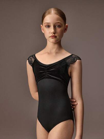 Tween Girls Black Crew Neck Jumpsuit, Velvet & Lace Patchwork Sleeveless Leotard With High Stretch Fabric, Suitable For School, Professional Ballet, Gymnastics, Dance Studio Training