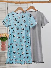 Girls' Minimalist Cute Panda Print Short Sleeve Long Nightgown Pajama Set, White & Pink - Blue - View 2