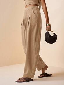 2026春夏新款音乐节、复活节、圣帕特里克节、情人节、约会、西部风、游牧风、生日派对、毕业典礼、学院风、学生装、日常穿着、百搭基础款、休闲装、度假、邮轮旅行、海滩、日光浴、爆款、街头风、婚礼宾客波西米亚风、通勤、早午餐、机场、派对、假日郊游、办公穿着、宽松抽绳松紧腰带口袋裤、亚麻褶皱棕色长裤 - 卡其色 - 查看 8