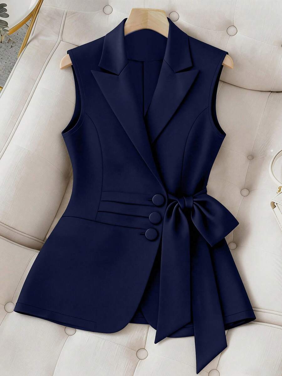 GlowEve CURVE Plus Size Women's Solid Color Minimalist Sleeveless Blazer - Navy Blue - View 1