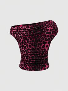 ROMWE Grunge Punk Y2K Shibuya Girl Chic Leopard Print Bodycon Asymmetric Ruched Women T-Shirt - Hot Pink - View 2