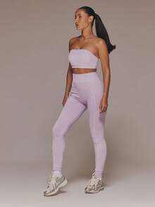 Musera Sport Contrast Seam Bandeau Sports Bra And High Waist Scrunched Bum Leggings Active Set Sport Workout Gym Pilates Fitness Daily Girly Casual Hot Sweat - Mauve Purple - View 3