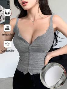 DAZY Women Lace Patchwork Camisole With Built-In Padded Bra - Light Grey - View 1