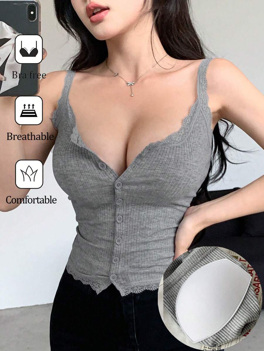 DAZY Women Lace Patchwork Camisole With Built-In Padded Bra - Light Grey - View 1