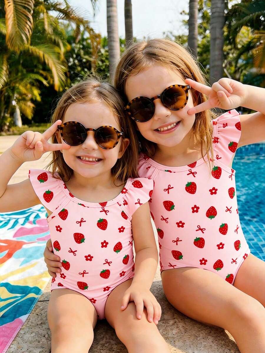 SHEIN Baby Girls' Casual Fitted Strawberry Print One-Piece Swimsuit, Suitable For Summer - Multicolor - View 1