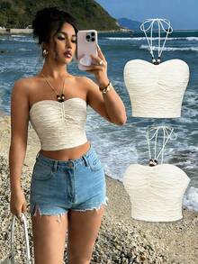 Lyxana Beaded Decor Strapless Tie Front Ruched Crop Top For Women, Beach Vacation Style - Apricot - View 8