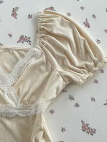 Flirla 女士粉色方领修身蕾丝短袖连衣裙，甜美可爱Y2K时尚，舒适百搭，学院风，适合春夏返校季 - 杏色 - 查看 6