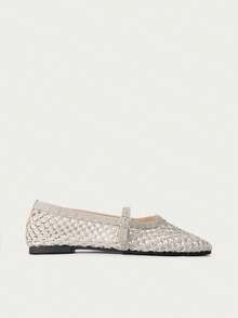 Nöista Silver Woven Mary Jane Exquisite Mesh Design Adjustable Buckle Comfortable Fashion Casual Suitable For Spring Activities Summer Comfortable Breathable Flat Shoes - Silver - View 5