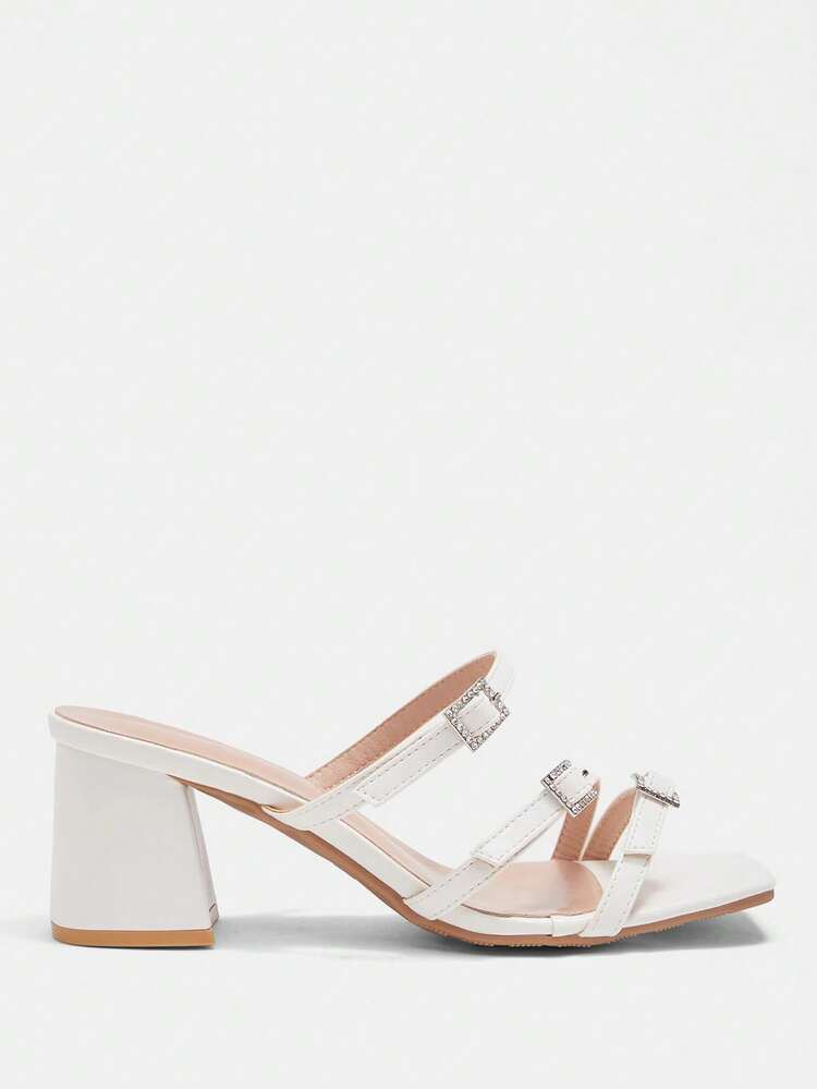 CUCCOO CURVES Women Shoes Wide Fit Fashion Square Toe Thick High Heel White Multiple Strips With Diamond Buckle Simple Classic Daily Comfort Fattened High Heel Women's Sandals Slippers Plus Size