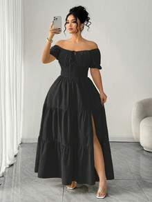 Elenzga Plus Size Women's Puff Sleeve Ruched Waist Flared Hem Split Hem Elegant Dress - Black - View 5