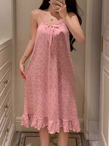 DAZY Floral Minimalist Daily Wear Sleeveless Ruffle Hem Women's Nightgown Pajama - Pink - View 3