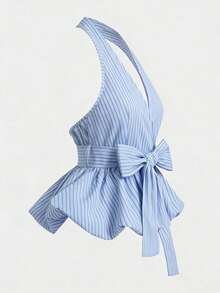 Olithes Áo kiểu yếm buộc dây cổ điển dành cho nữ, mẫu mới năm 2026, với chi tiết nơ, họa tiết sọc cổ điển - đa năng, phù hợp cho trang phục thường ngày, đi làm, hoặc thư giãn trong kỳ nghỉ. - Nhiều màu - Xem 4