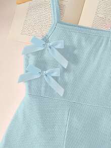 女童休闲时尚日常穿搭无袖高腰短款连体裤，饰有可爱蝴蝶结设计 - 藍色 - 查看 5