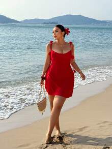 Sunnyshic Plus Size Women's Red Summer Satin Mini Dress,3D Rose Decor Open Back Ruched Bodycon Cocktail Party,Beach Rave Holiday,Formal Dress - Red - View 6