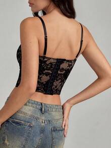 SHEIN Tall 性感蕾丝透视吊带背心，适合派对、约会、通勤，可爱抹胸，性感夜店上衣，外出上衣，夏季上衣，女士夏季单品，蕾丝上衣，束身胸衣，秋冬季叠穿单品，Y2K蕾丝上衣 - 黑色 - 查看 2
