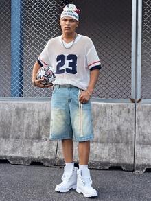 EVRINFINITE Men's Casual Streetwear Multi-Pocket Striped Blue Denim Shorts Light Wash Jorts - Light Wash - View 3