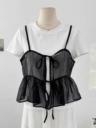 K-Vae 女士夏季新款纯色透视吊带背心，系腰荷叶边下摆吊带背心