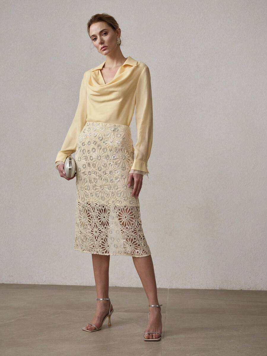 MOTF PREMIUM WOMEN'S DRAPED LONG SLEEVE LOOSE BLOUSE, SPRING/SUMMER - Pale Yellow - View 1