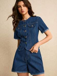 Poéselle Bộ áo và quần short denim nữ kiểu dáng thường ngày, thích hợp cho mùa hè. - Rửa trung bình - Xem 5