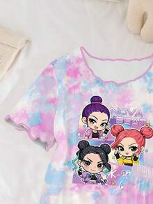 Genkimix Kids Bộ đồ ngủ 2 mảnh cho bé gái tuổi teen, họa tiết nhuộm tie-dye với hình ảnh nhóm nhạc nữ, viền lượn sóng tương phản, áo tay ngắn và quần dài, đồ mặc nhà thoải mái, mùa xuân/hè/thu. - Màu be - Xem 4