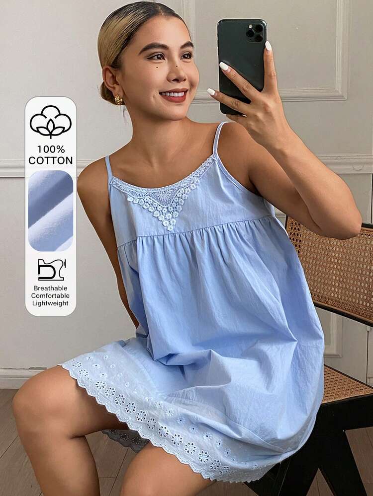 Summer Vacation Style Floral Trim Camisole Nightgown For Women