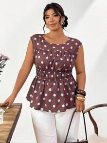 Lounesse Plus Size Women's Polka Dot Pattern Ruffle Trim Round Neck Blouse, Suitable For Summer Dates And Travel Wedding Guest Blouse For Women Graduation Blouse Elegant Blouse For Women Brown Blouse Women Polka Dot Blouse Women Brown Polka Dot Top Blouse For Women Casual Elegant Blouses For Women Casual - Brown - View 3