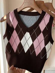 Comfortcana Áo len chui đầu cổ chữ V họa tiết Argyle dáng rộng, kiểu dáng thường ngày. - Nhiều màu - Xem 3